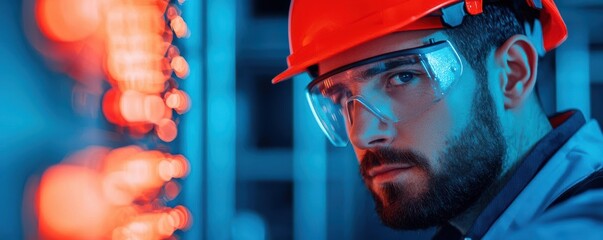 Electrician in safety gear performing diagnostics, vibrant industrial background, electrical safety, troubleshooting