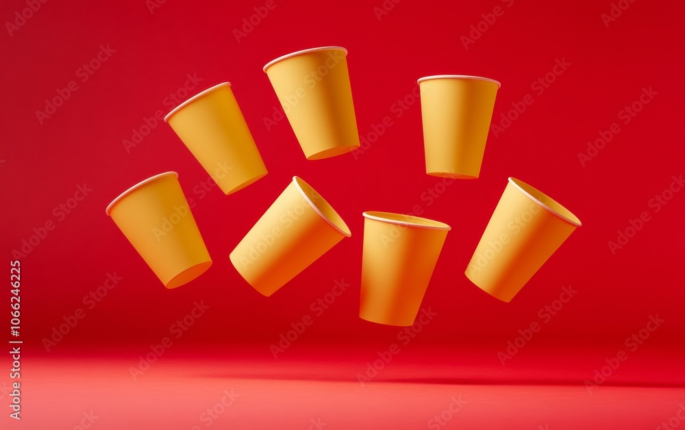 Poster vibrant yellow cups in mid-air a dynamic and playful stock on red background