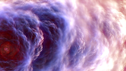 Billowing fantasy clouds, abstract fractal art background. Purple, red, white gradient.