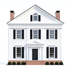 Classic white house with black shutters and brick foundation on white isolate background
