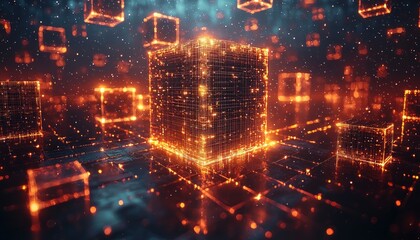 Obraz premium Glowing Wireframe Cube with Bokeh Lights