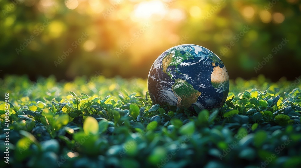 Poster a small globe is sitting in a field of green grass. generative ai