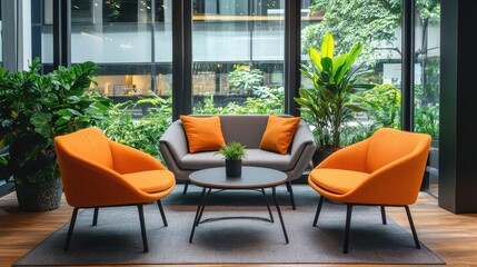Fototapeta premium A refreshing co-working space with a terrace featuring greenery and cozy seating