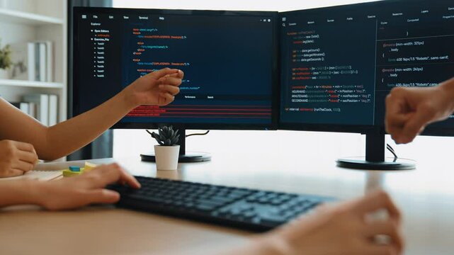 Slow motion back end software developer engineer for computer programming working together on debugging writing computing code, solving complex algorithms display on monitor in office. Burgeoning