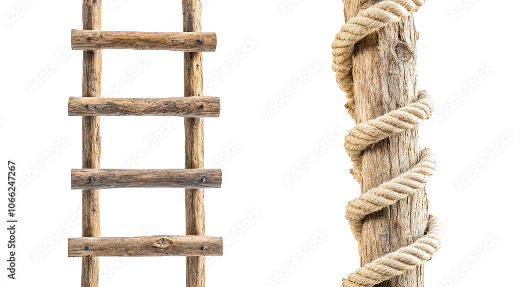 Poster rustic wooden ladder and rope ladder set on transparent background generative ai