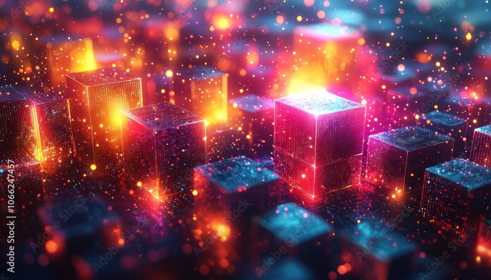 Poster glowing cubic structures with red and blue lights and sparkles