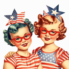 Obraz premium Patriotic girls stars hair,retro 4th of July,American pride,vintage Independence Day attire,hand-drawn,classic USA holiday design,nostalgic color,glasses,red,blue,white,party,invitation,greeting,card,