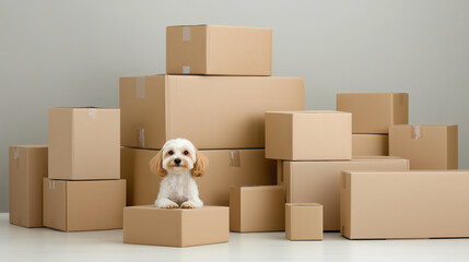 Moving boxes stacked with small dog sitting on top, creating cozy atmosphere