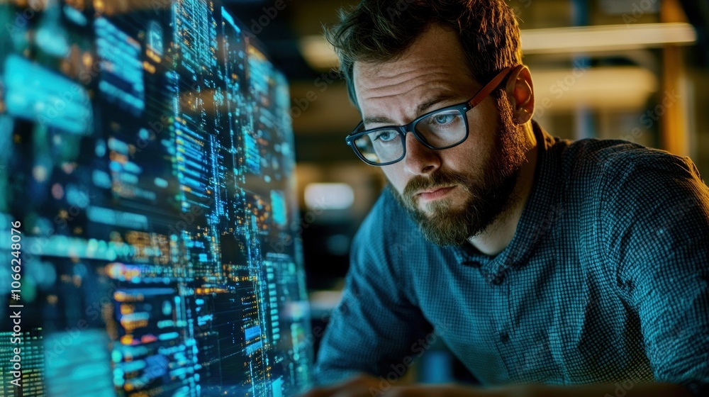 Aufkleber man in glasses focused on blue screen with code