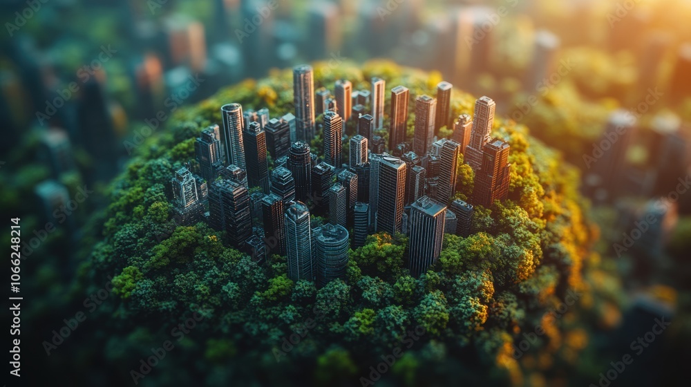 Poster a city is built on top of a hill with trees surrounding it. generative ai
