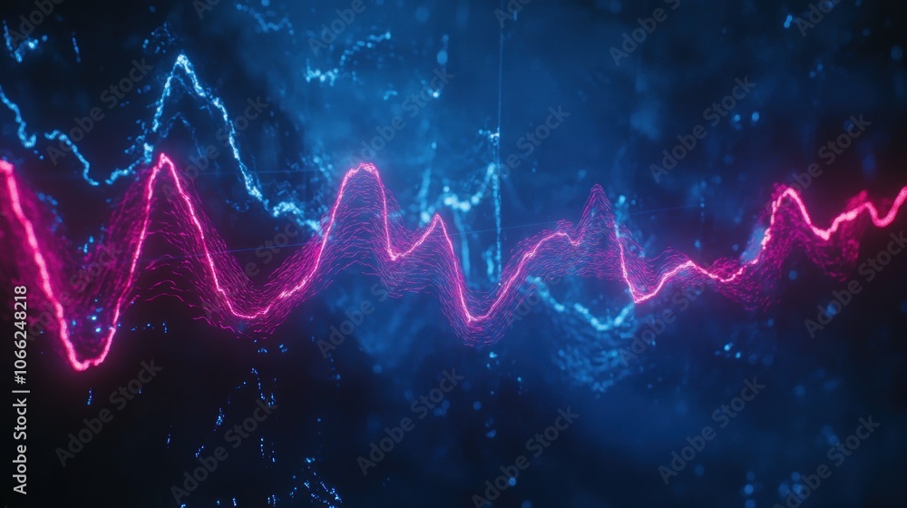 Poster abstract neon wave pattern with glowing particles