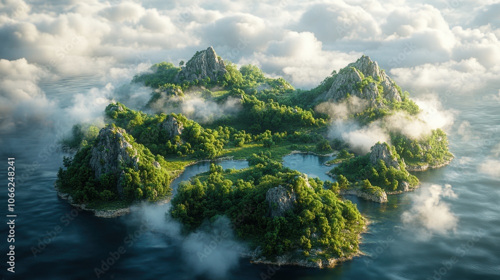 Poster a small island with mountains and trees in the background. generative ai
