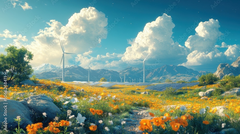 Poster a field of flowers with a few wind turbines in the background. generative ai