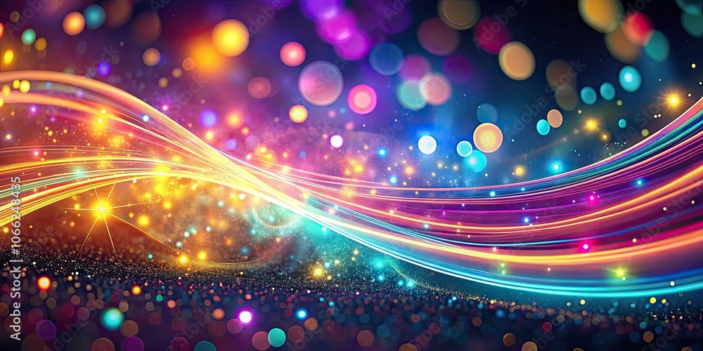 Poster abstract glowing curved lines background design with sparkles and neon lights, bokeh effect, vibrant