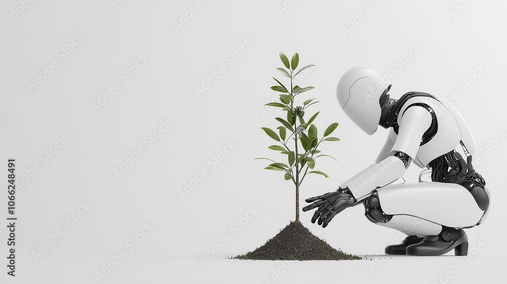 Aufkleber robot planting a sapling: a futuristic image of a white robot gently planting a small sapling in the