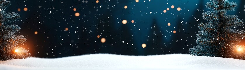 Fototapeta premium Snowy winter scene with trees and falling snow, serene atmosphere.