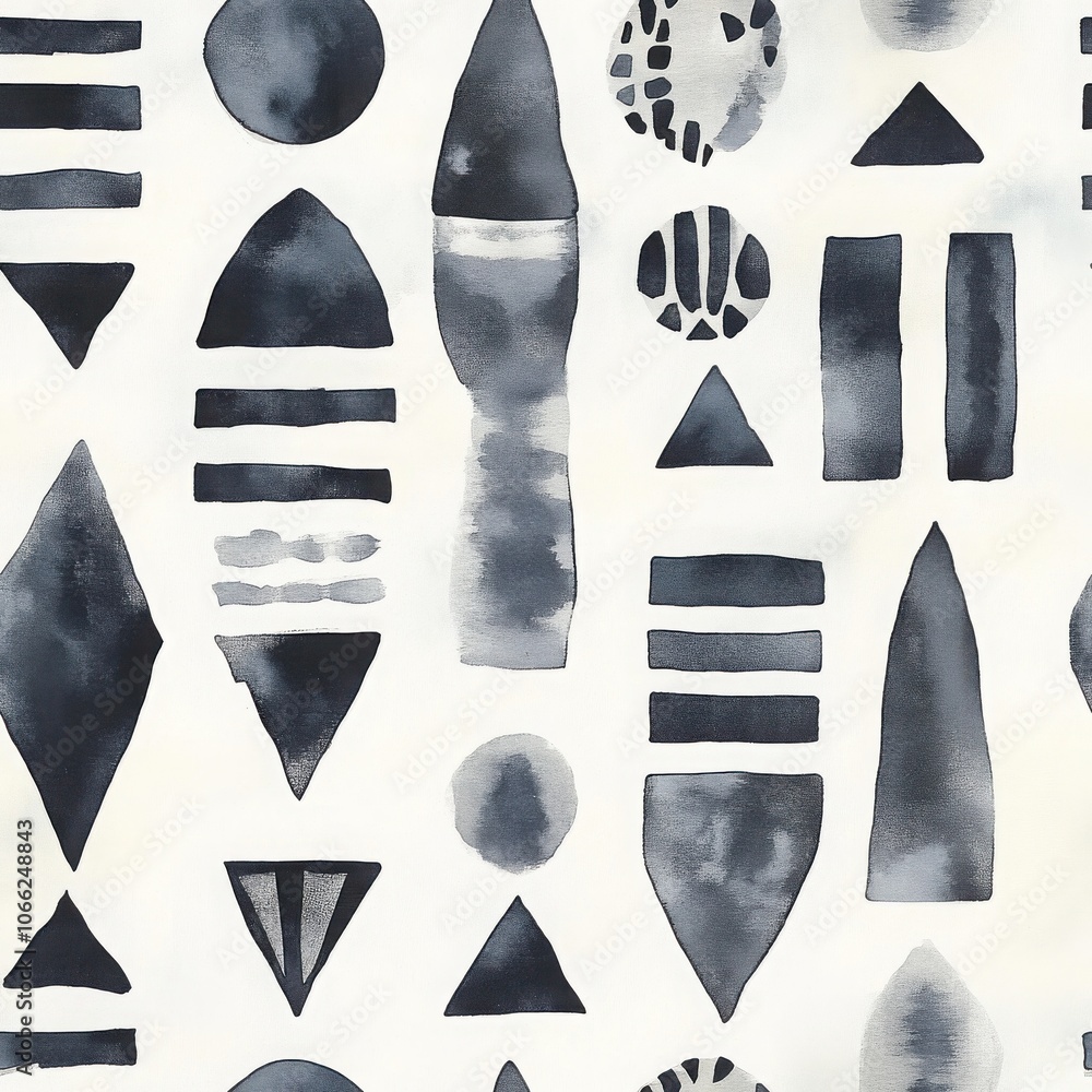 Poster a collection of monochromatic geometric shapes in various sizes and patterns, showcasing a modern an