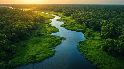 A river with green grass and trees on both sides. Generative AI