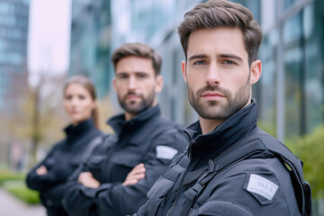 Fototapeta premium Three Professional Security Service Team Members Standing Firmly Outdoors in Uniform with Serious Expressions, Arms Crossed, and Blurred Urban Background