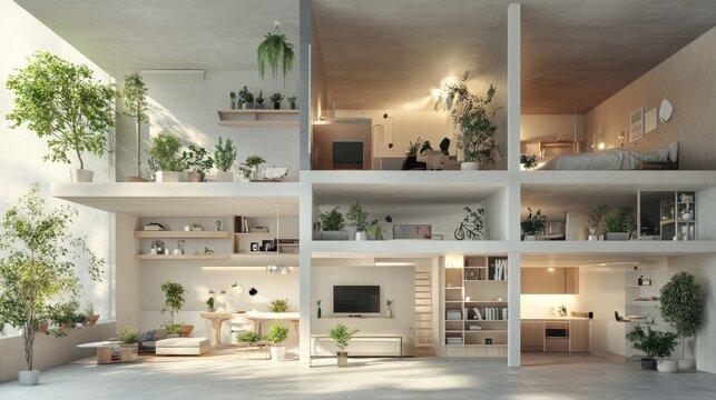 2410_073.sectional 3d visualization of contemporary home, multi-level layout, separated floor slabs, tiny indoor plants, office area, living room, kitchen details, geometric composition, soft lighting
