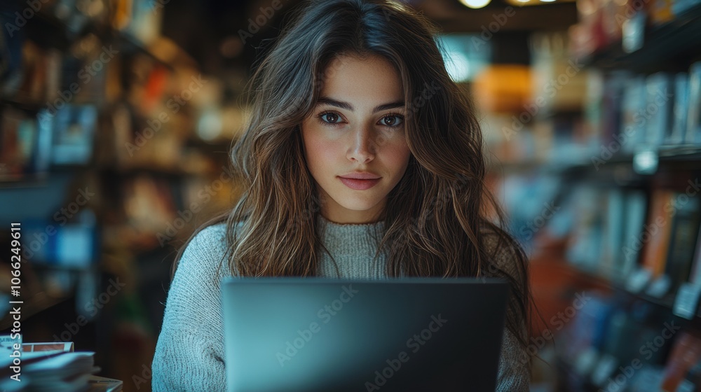 Poster a woman is sitting at a table with a laptop open in front of her. generative ai