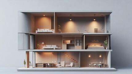 2410_078.architectural visualization of sectioned house model, sliced facade, micro-scale furnishings, wooden structural elements, integrated lighting fixtures, minimalist decor, varied ceiling