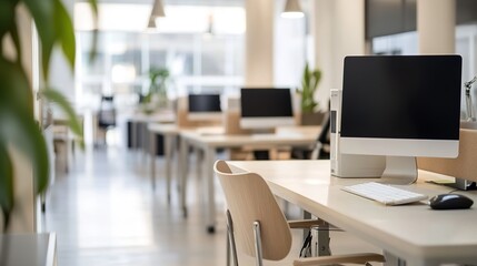 Fototapeta premium Modern Office Workspace with Minimalist Interior Design, Symmetrical Composition, and Neutral Tones for a Calm and Efficient Work Environment with Natural Light and Clear Details