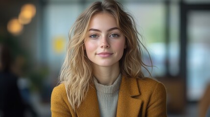 A woman with blonde hair and a yellow jacket is smiling. Generative AI