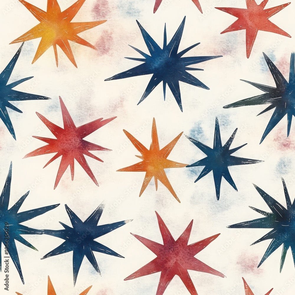 Poster a vibrant pattern featuring colorful stars in shades of red, blue, and orange, set against a light b