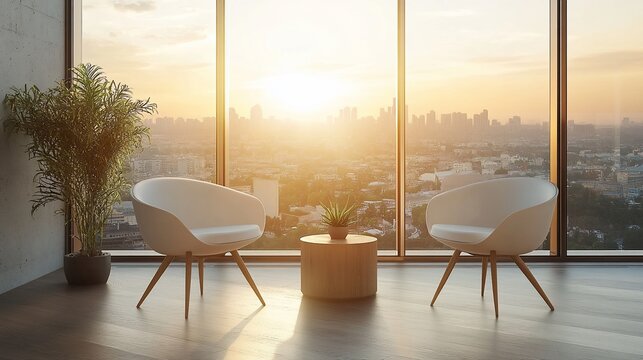 Two white chairs facing each other with a small wooden table in between in front of a large window overlooking a city skyline at sunset.