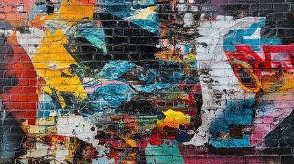 Naklejka premium Complex layers of graffiti art, with bright colors, tags, and abstract shapes, filling an urban brick wall with raw creativity and energy.