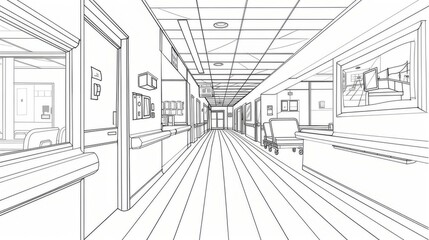 Hospital corridors in colorless pictures ready for coloring.