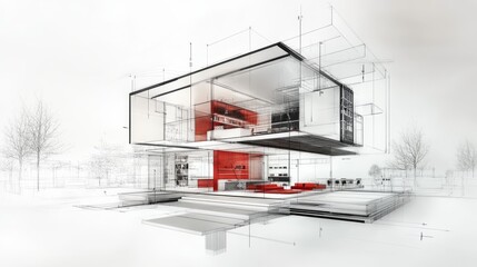 2410_083.minimalist house design concept, sectional 3d model, floating levels, transparent walls, micro-scale interiors, exercise area, kitchen with red accents, superimposed on architectural sketches