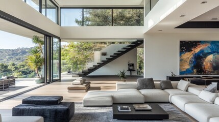 Fototapeta premium 2410_016.panoramic open-plan living space, floor-to-ceiling windows, minimalist furniture, floating staircase, abstract wall art, indoor-outdoor flow