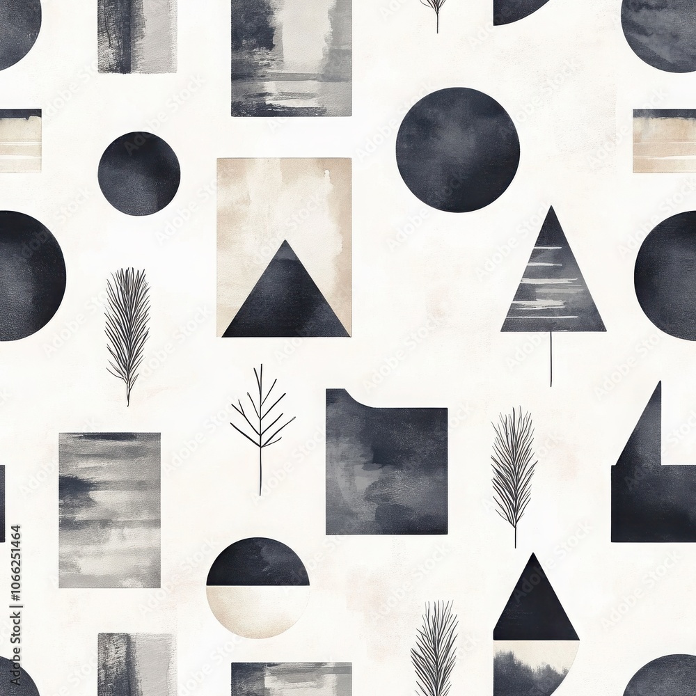 Poster a pattern featuring abstract shapes, including trees, triangles, and circles, in a muted color palet