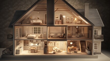 2410_076.cross-section 3d render of three-story house, pitched roof, fully furnished interiors, warm lighting, miniature furniture, exposed beams, neutral color palette, architectural dollhouse effect