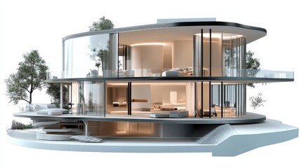 2410_009.futuristic residential cross-section model, seamless indoor-outdoor flow, glass walls, recessed lighting, minimalist decor, architectural presentation style
