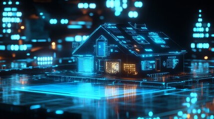 2410_046.holographic smart home interface, glowing neon blue circuits, floating digital graphs, miniature house model, futuristic touch controls, ambient lighting, technological visualization, modern