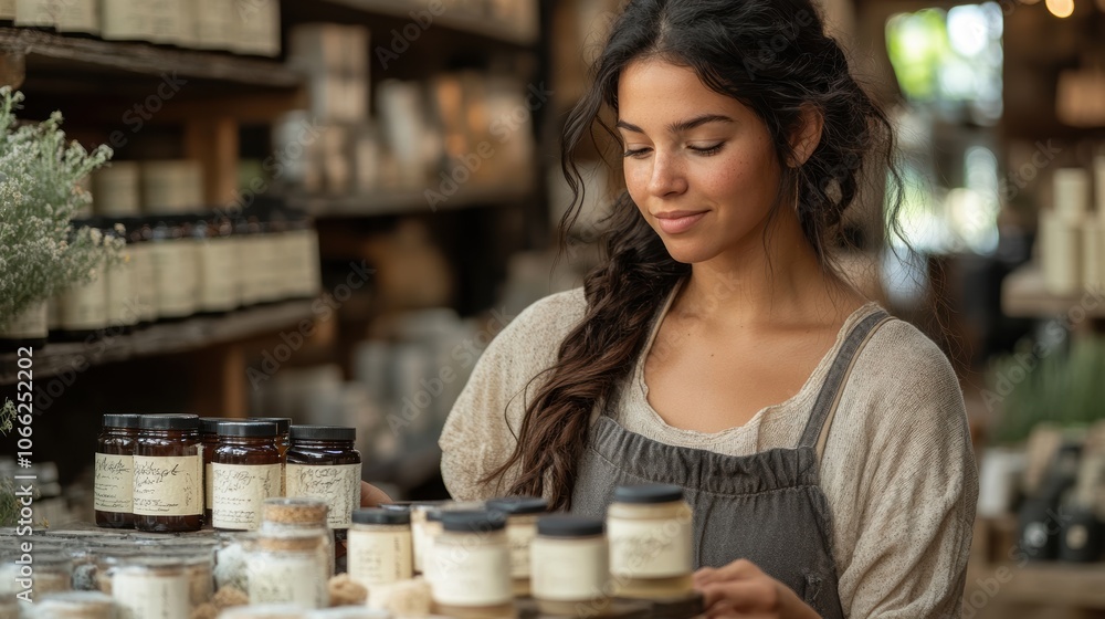 Poster a woman is standing in a store with many jars and bottles. generative ai
