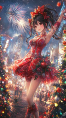 Sexy Anime Kawaii Girl in Santa Suit: New Year’s Celebration