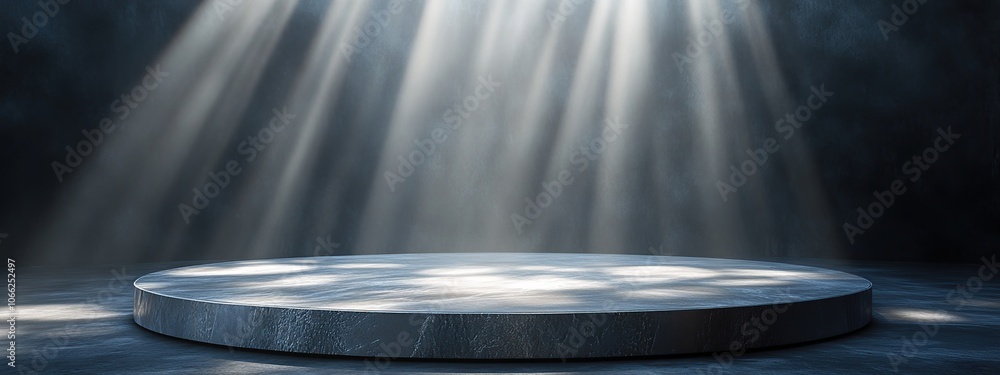 Poster a single circular platform illuminated by beams of light against a dark background.