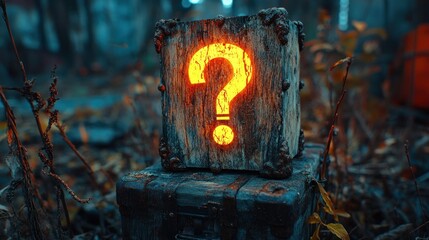A glowing question mark on a wooden box, sitting on an old suitcase in a forest.