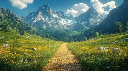 Obraz premium A winding path through a mountain valley meadow