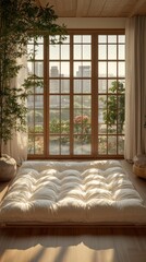 Fototapeta premium Peaceful Minimalist Japanese Futon Bedroom Blend of Tradition and Modern Technology, Perfect for New Year or Earth Day