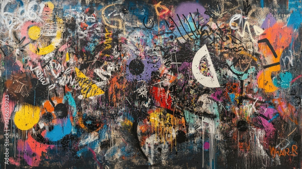 Poster graffiti background with intricate tags and large abstract forms sprayed across a gritty urban wall,