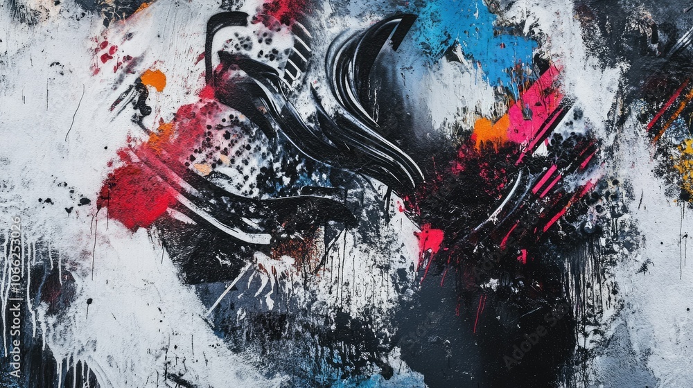 Poster graffiti background with intricate tags and large abstract forms sprayed across a gritty urban wall,