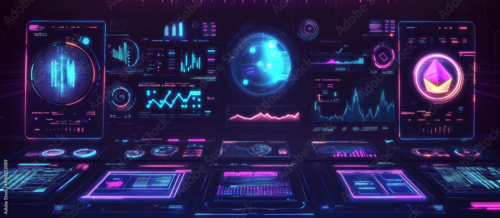 Poster futuristic tech dashboard with glowing interfaces