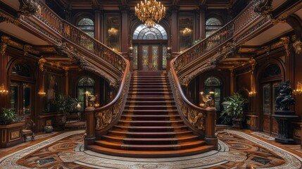 Obraz premium Sweeping staircase with gold accents, dark wood banisters, and a chandelier.