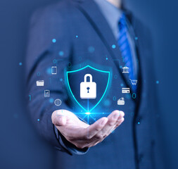 Businessman padlock screen Cyber ​​security concept Security and encryption User privacy...