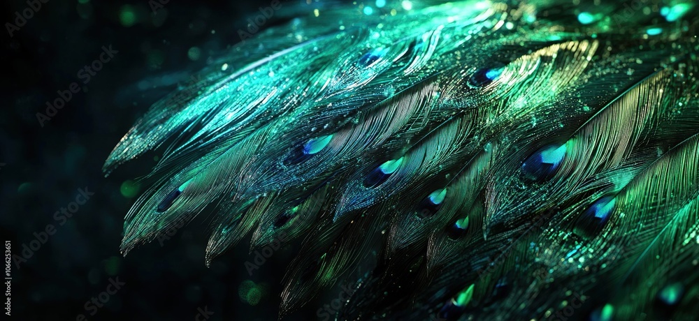 Aufkleber close-up of iridescent peacock feathers with a dark background and sparkling light.